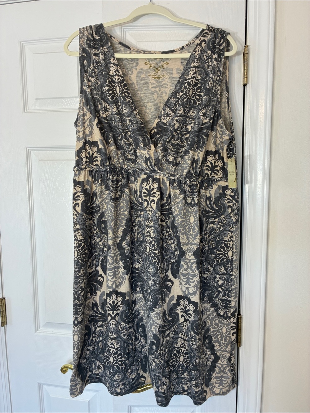 Sonoma Sleeveless V-Neck Midi Dress in Gray and Cream Damask Pattern, sz XL, NWT